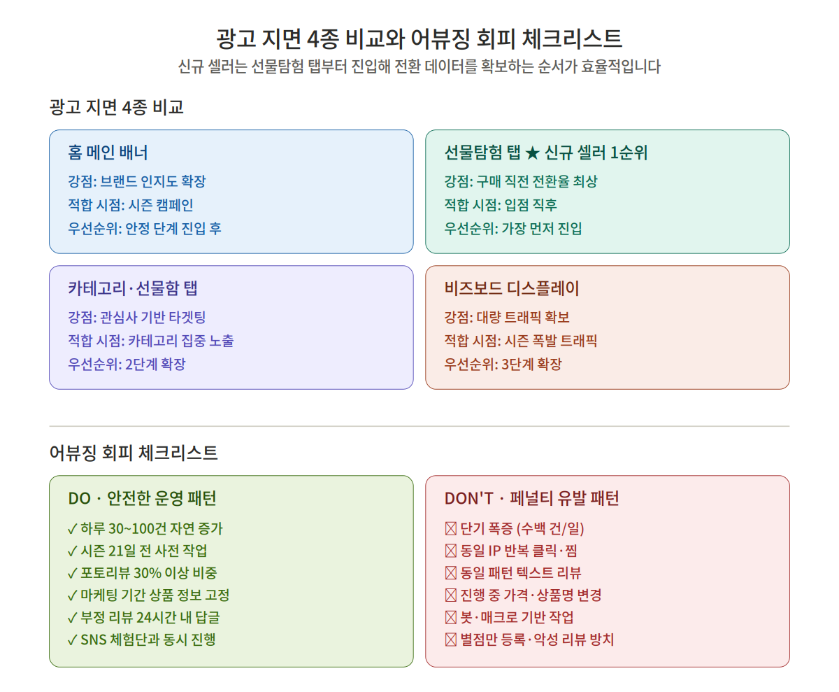 카카오 선물하기 광고 지면 4종 비교와 어뷰징 회피 체크리스트
