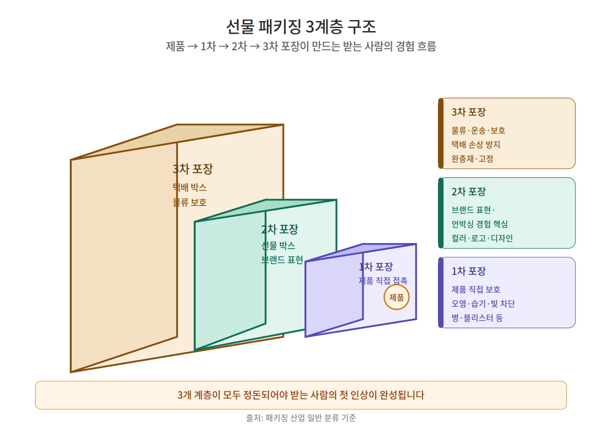선물 패키징 3계층 구조 - 1차 2차 3차 포장의 역할 다이어그램