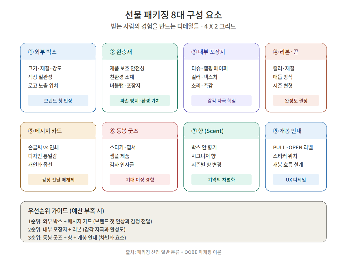카카오 선물하기 선물 패키징 8대 구성 요소 - 외부 박스 완충재 포장지 리본 메시지 카드 동봉 굿즈 향 개봉 안내